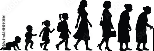 Human life stages silhouettes from baby to elderly woman, aging process concept, generation growth, family lifecycle, development timeline, society evolution