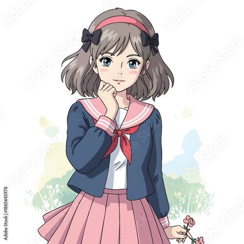 Cute anime schoolgirl enjoying a beautiful spring day