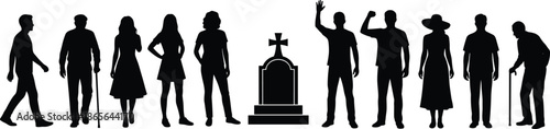 Human life stages silhouettes with gravestone, aging process concept, society evolution, people generations before and after death, mortality awareness, lifestyle timeline