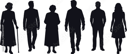 People silhouettes walking together, age diversity concept, society generation mix, family community lifestyle, modern human interaction, population representation illustration