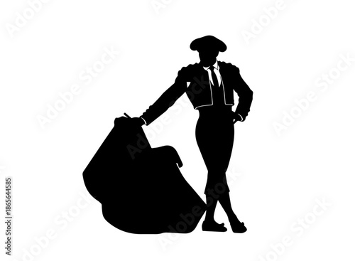 Elegant black vector silhouette of a traditional Spanish matador or bullfighter standing confidently with a large cape, isolated on a white background
