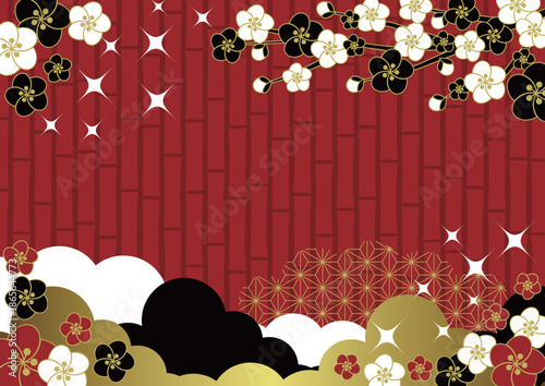 和風背景イラスト、かわいい、シンプル、梅、竹、赤、キラキラ、横