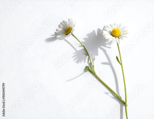 Two daisies, one in profile and one frontal, cast shadows on a white background. Stems and petals visible. Bright