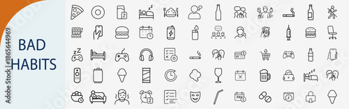 Foto Bad habits line icons set, collection of unhealthy lifestyle symbols