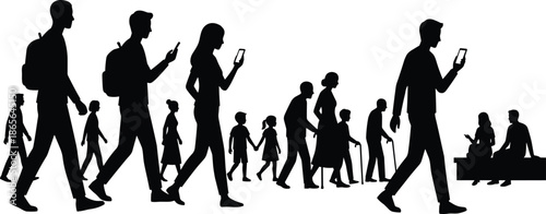 People silhouettes walking while using smartphones, digital addiction concept, family generations in public, technology lifestyle, social media behavior, urban society