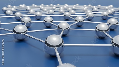 Abstract 3D render of a connected molecular structure with shiny spheres and lines on a blue background, representing scientific networks and digital communication