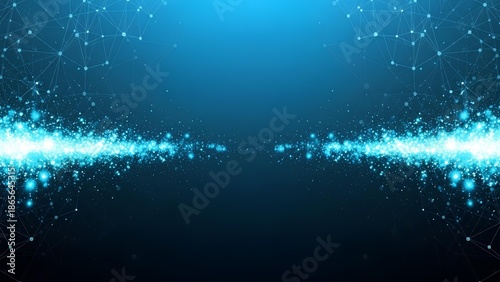 Abstract glowing digital particles expanding outwards on a dark blue background, representing network connections and data flow