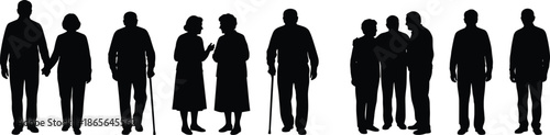 Senior people silhouettes standing together, elderly lifestyle concept, aging society, retirement generation, family support, healthcare awareness, mature population diversity