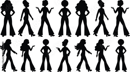 Retro disco women silhouettes set, dancing female poses, seventies fashion style, party nightlife, vintage music lifestyle, groove celebration illustration