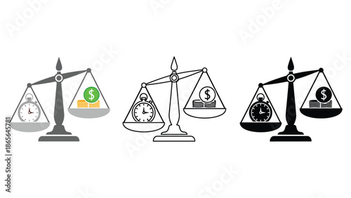 Balancing time and money on scales, representing financial planning and important decisions.