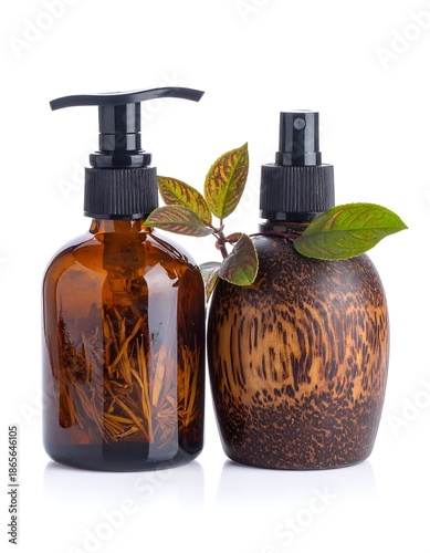 Two decorative bottles, one amber with a pump, and a decorative wooden-look spray bottle, adorned with green leaves. White background
