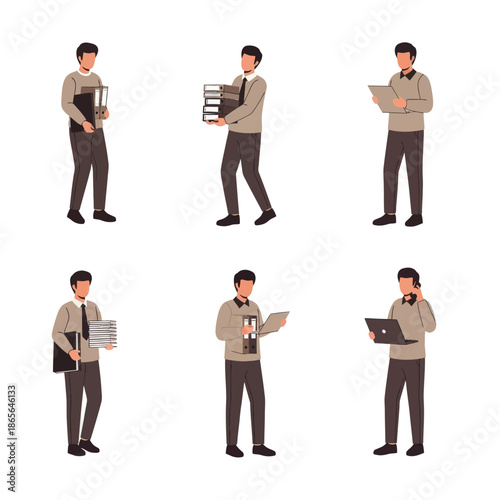 Businessman working diligently in various office tasks and activities