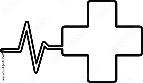 Medical cross with heartbeat line icon illustration healthcare emergency hospital life support cardiology black white outline minimal design