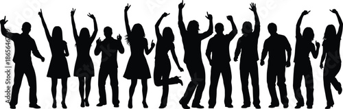 Silhouette of people dancing and celebrating together joyful group party music freedom happiness energy black white social event scene