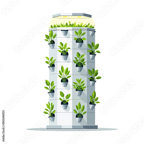 Vertical farm with lush green plants and pots in a modern cylindrical structure under artificial lighting