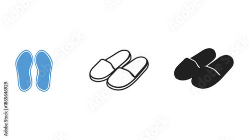 A trio of comfortable footwear icons representing different styles of slippers and flip-flops