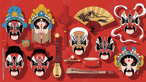 Vibrant Chinese opera masks and traditional musical instruments on a red background with a kuda chinese day theme.