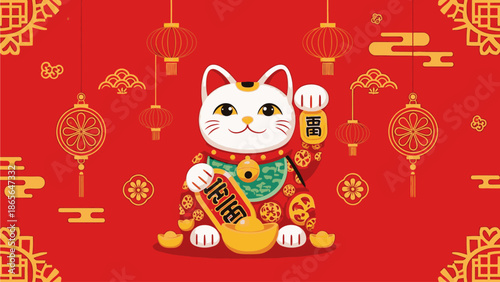 A colorful illustration of a kuda chinese day lucky cat figurine with vibrant red background and gold accents, surrounded by hanging lanterns and traditional decorations.