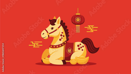 Illustration of a kuda, a horse symbolizing good fortune, on a vibrant red background with traditional Chinese decorations, celebrating Chinese New Year or a similar cultural event.