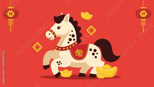 Illustration of a white horse with black spots and a red collar surrounded by gold coins and lanterns on a red background, symbolizing good fortune in a kuda chinese day setting.