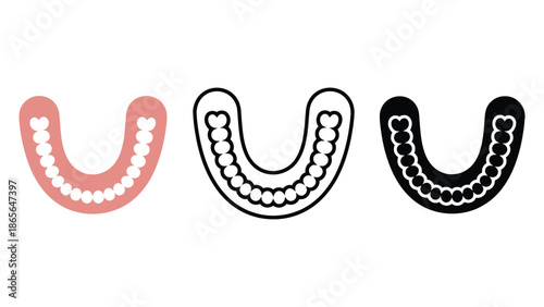Set of dental mouthguard icons in pink, outline, and black for oral protection