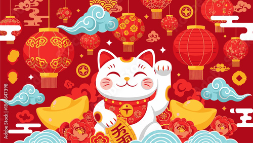 A cheerful white cat with one paw raised holds a sign amidst vibrant red lanterns and gold coins on a festive background with clouds and waves on a kuda chinese day.