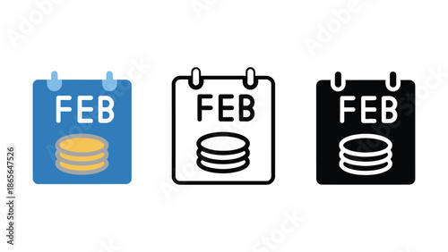 Calendar icon showing February with coins, representing monthly financial planning or savings