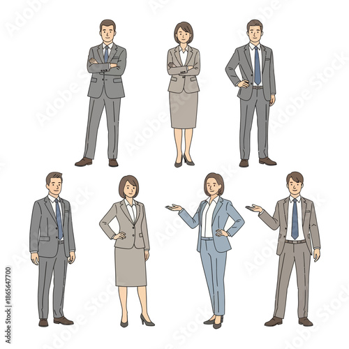 Confident business professionals in various poses and outfits