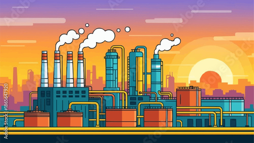 Industrial factory with smoking chimneys at sunset.