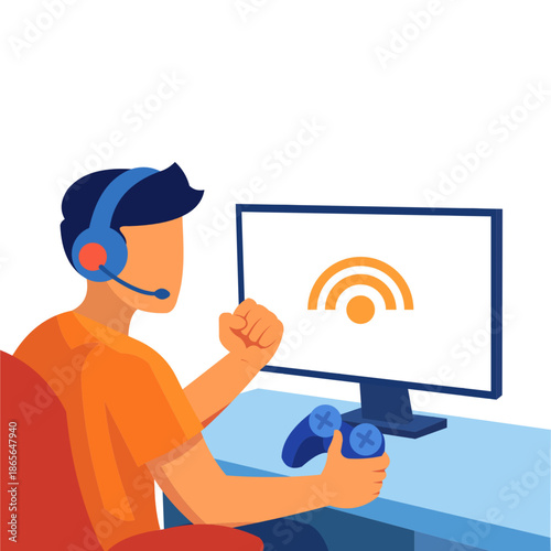 young gamer wearing headset playing video games on computer monitor