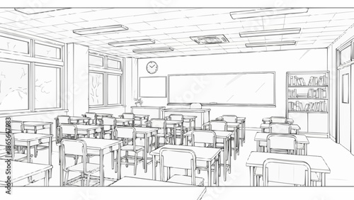 Empty Classroom Scene Sketch with Desks and Whiteboard.