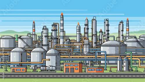Industrial Oil Refinery Complex with Storage Tanks and Towers.