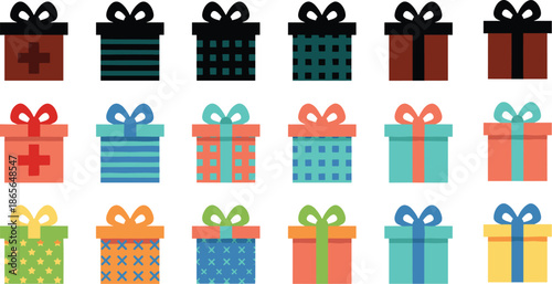 Colorful gift box icon set with bows, patterns, festive present illustrations for holidays, birthdays, celebrations, vector design collection modern minimal