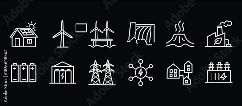 Renewable energy and low emission sustainable power system line icon set including solar, wind, hydrogen and EV charging. Clean energy generation and grid infrastructure vector illustration.