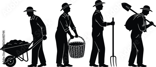 Farm workers silhouette, manual labor, wheelbarrow, pitchfork, shovel, agriculture tools, rural lifestyle, traditional farming, harvest, countryside, hats, teamwork, field work
