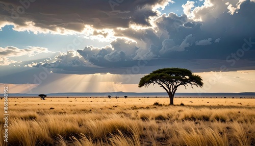 Dramatic African landscape with Acacia tree and light rays.