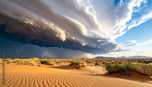 Dramatic storm clouds over desert landscape with sand dunes