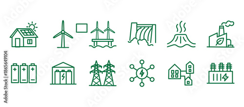 Renewable energy and low emission sustainable power system line icon set including solar, wind, hydrogen and EV charging. Clean energy generation and grid infrastructure vector illustration.