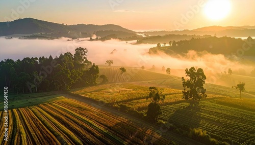Sunrise over the fields with fog and beautiful light.