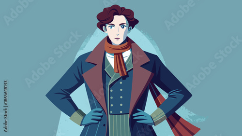 None Elegant woman wearing victorian era inspired winter outfit standing confidently vector illustration