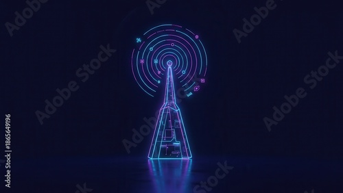 Futuristic neon communication tower broadcasting digital signals and global connectivity concept