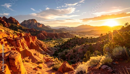 Dramatic landscape of Zion National Park at sunset.