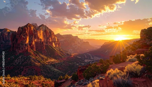 Stunning sunset over the canyon and mountain landscape.