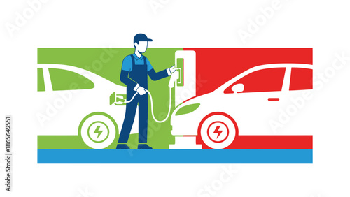 Person charging electric car at modern station, promoting sustainable transport