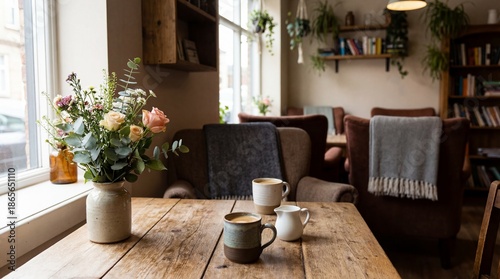 Cozy Cafe Interior with Wooden Table, Fresh Flowers, and Beverages in a Relaxing Atmosphere