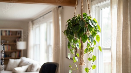 Hanging Potted Plant with Lush Green Leaves Near Bright Window in Cozy Living Room