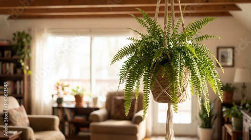 Lush Green Hanging Fern Plant in a Cozy Indoor Living Room with Abundant Natural Light