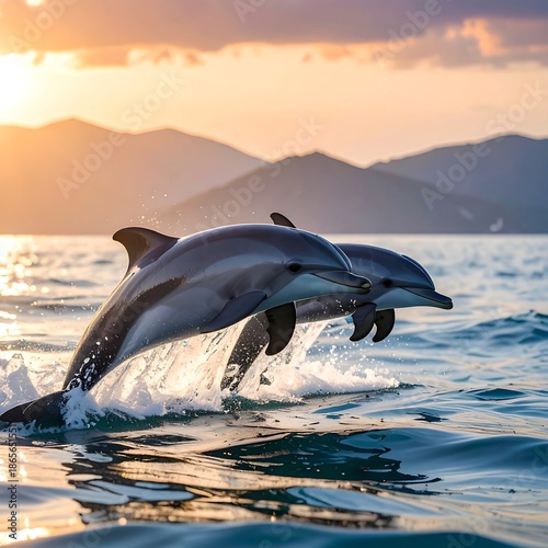 Two dolphins leap gracefully from ocean waves at dusk, silhouetted against a golden sky and mountainous background