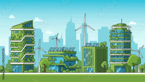 Modern Eco-Friendly Cityscape with Green Buildings and Wind Turbines.