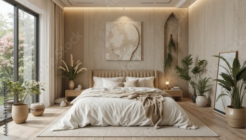 Modern Minimalist Bedroom with Natural Light and Green Plants in a Serene Atmosphere
